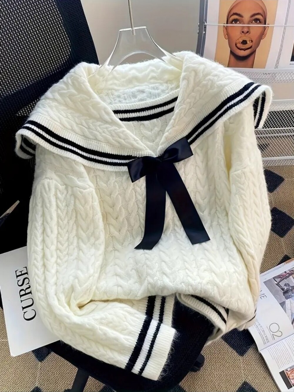 New Women'S Fashion Casual Preppy Style Navy Collar Bow Sweater Top